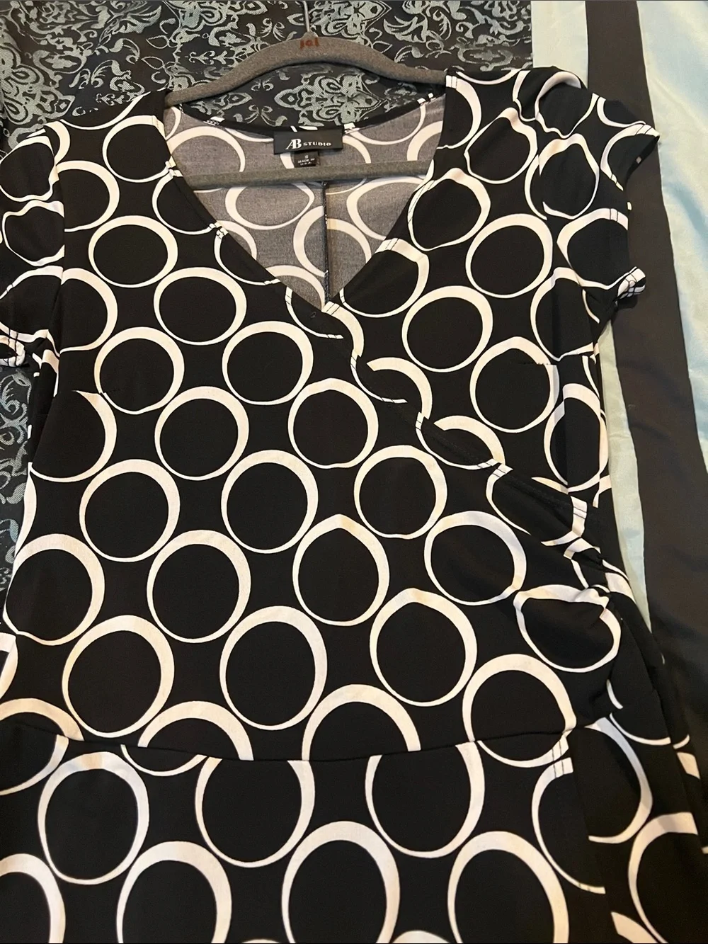 AB Studio Black & White Circle-Print Wrap-Style Midi Dress